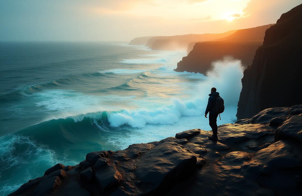 Adventurous hiker standing on a basalt cliff overlooking the crashing Atlantic waves
