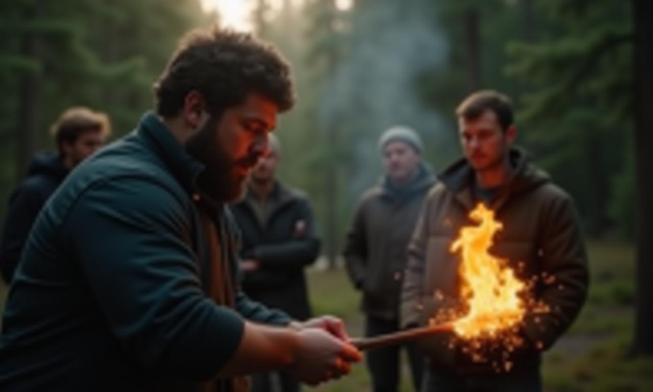 Outdoor educator demonstrating survival fire starting