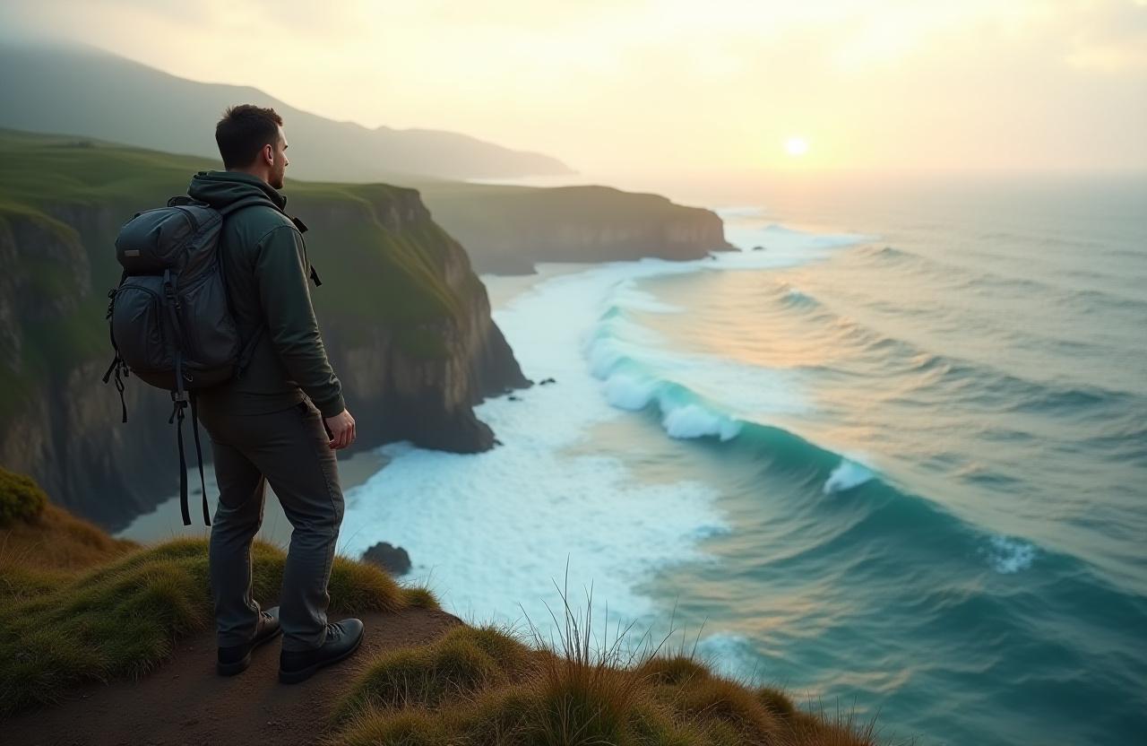 Senior guide overlooking a rugged island coastline