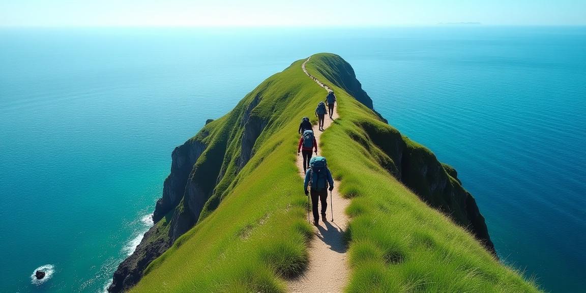 Group of hikers traversing a narrow verdant ridge between two sea inlets