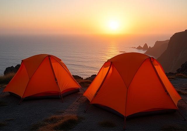 Tents perched safely on a wide coastal ledge at sunset