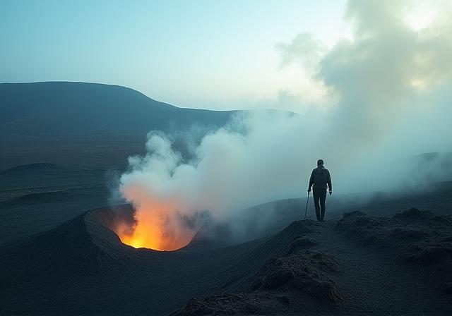 Sunlight hitting the steam vents of a volcanic ridge hike