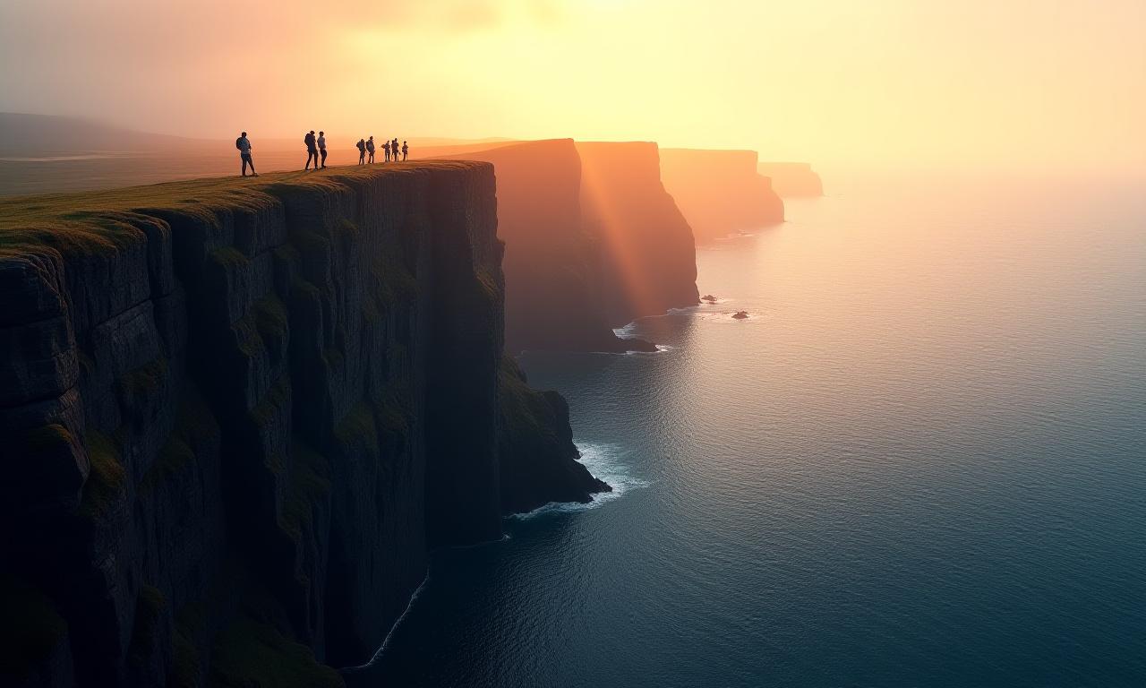 Panoramic view of rugged island coastline with hikers